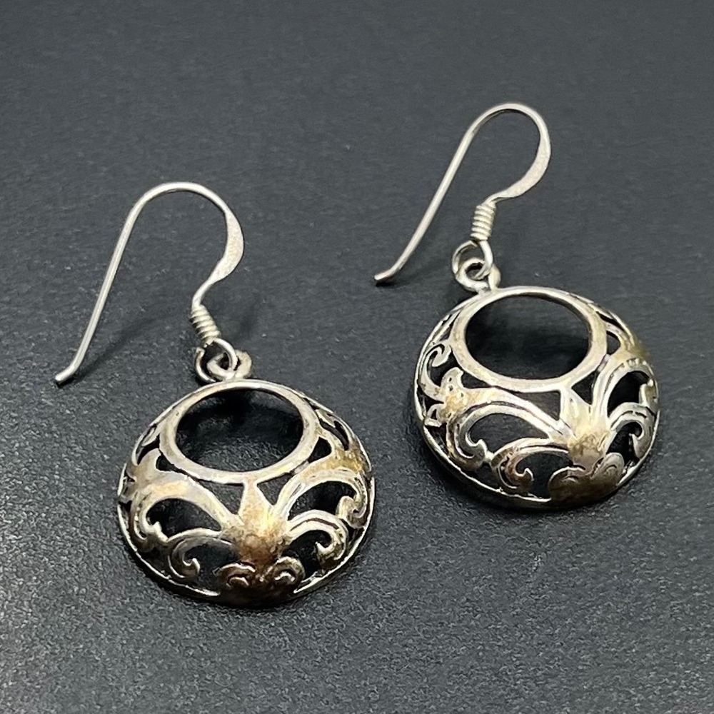 Vintage‎ Intricate Filagree Cutout Sterling Silver Drop Dangle Earrings 925